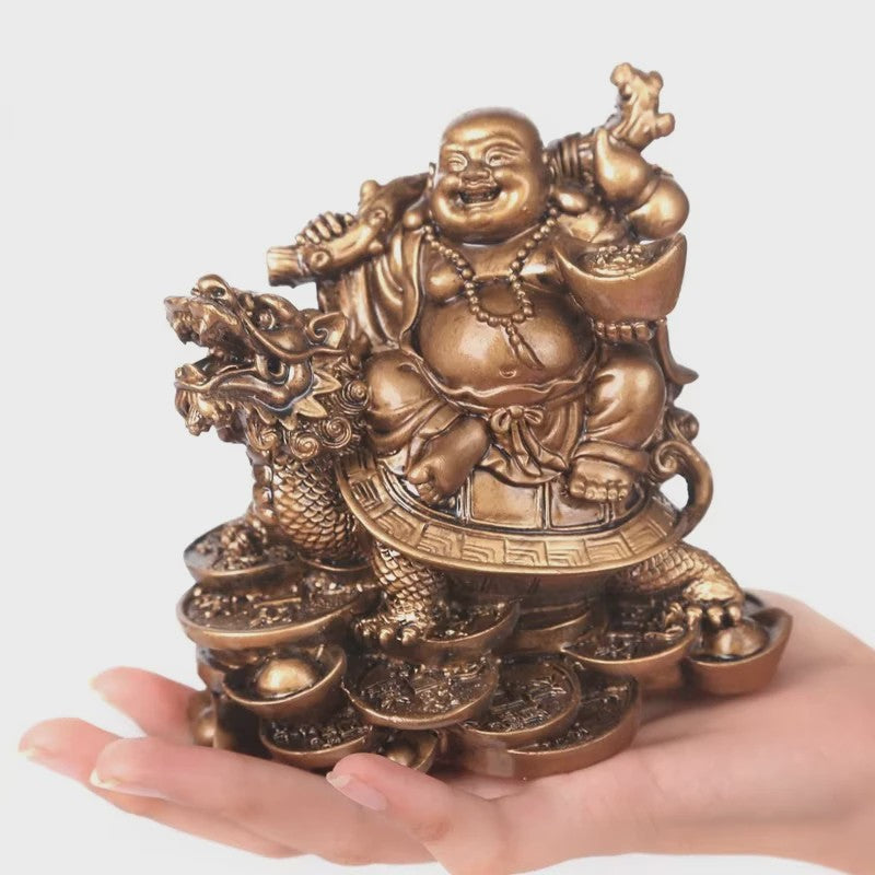 Gouden Lachende Boeddha Beeld met Draak en Schildpad - Feng Shui Decoratie