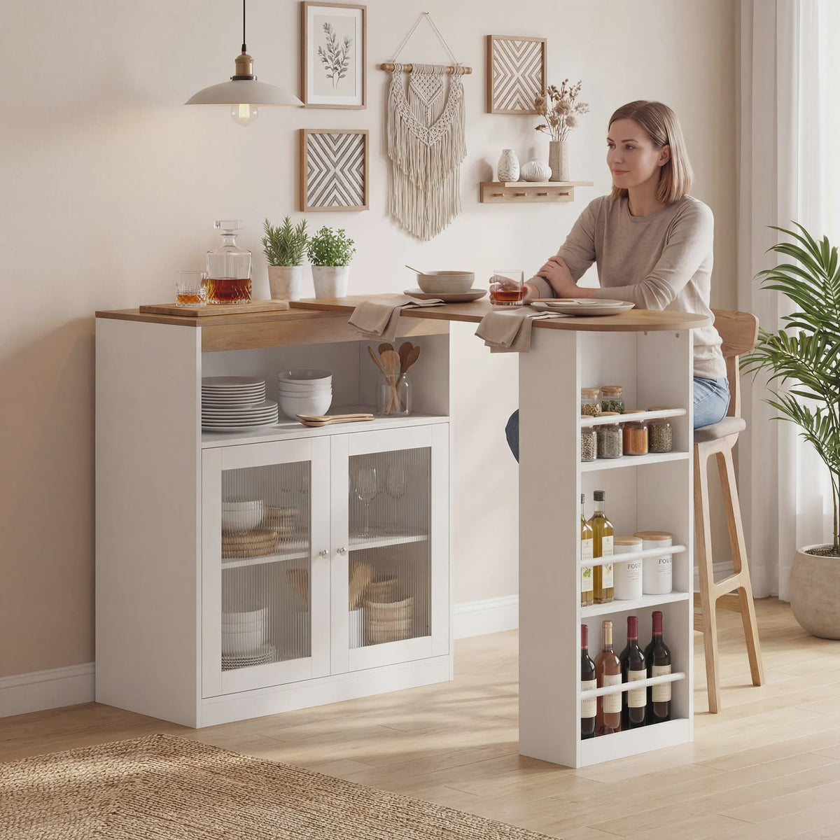Draaibare Bartafel met Uitschuifbaar Deel en Opbergkast - Wit