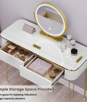 Elegante Witte Kaptafel met LED Spiegel en 3 Verlichtingsniveaus - Make-up Tafel met Grote Lades