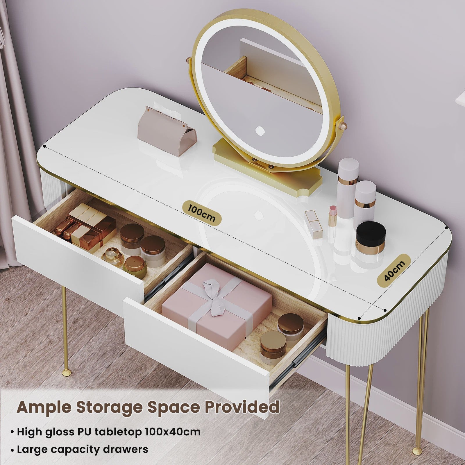 Elegante Witte Kaptafel met LED Spiegel en 3 Verlichtingsniveaus - Make-up Tafel met Grote Lades