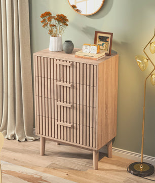 Ladekast met 4 laden, eikenhout look, massief houten poten - Decoratieve opberger voor hal, woonkamer of slaapkamer (60x34x91 cm)