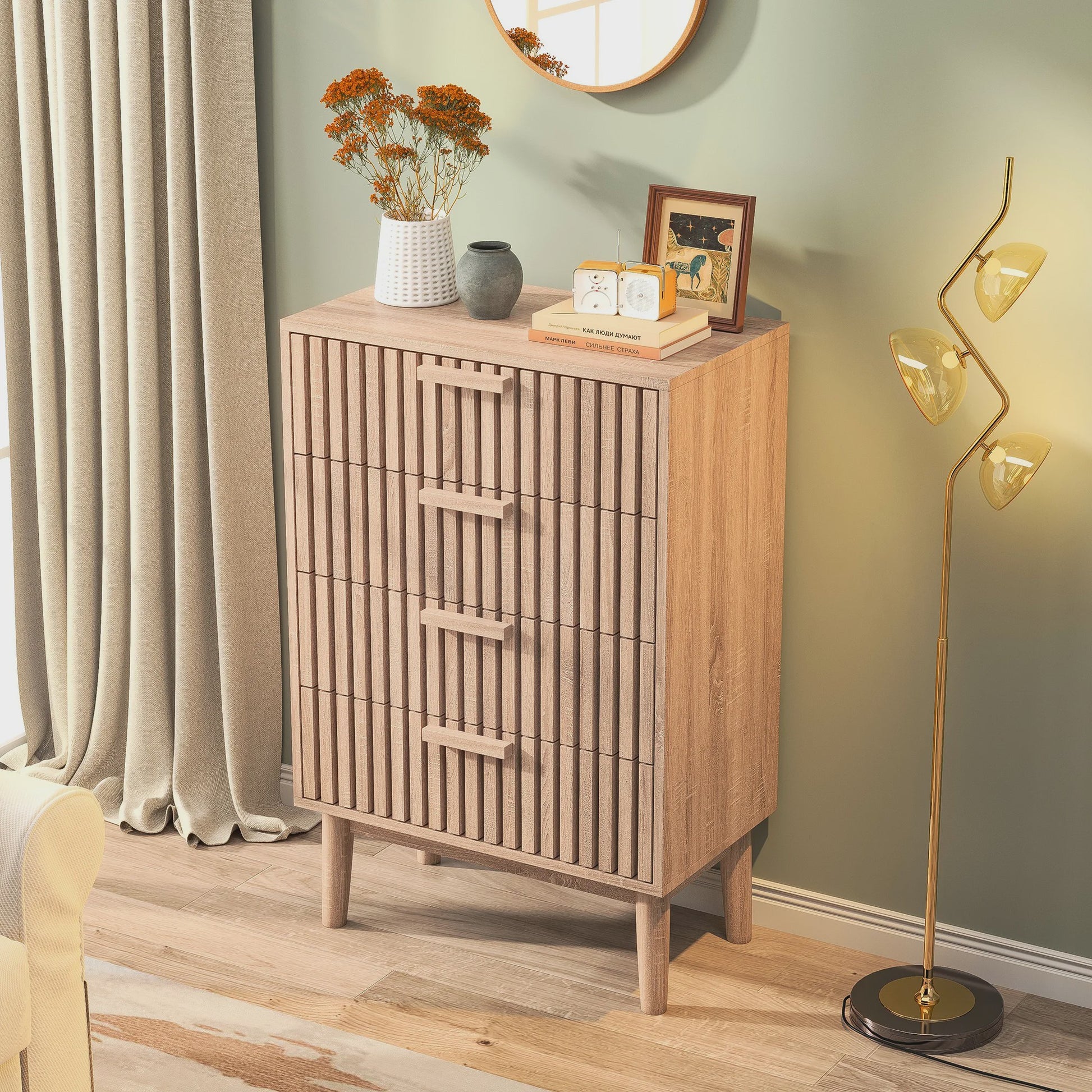 Ladekast met 4 laden, eikenhout look, massief houten poten - Decoratieve opberger voor hal, woonkamer of slaapkamer (60x34x91 cm)