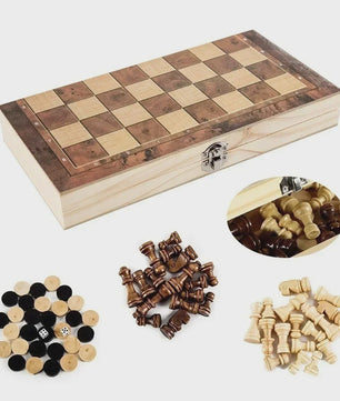 3-in-1 Houten Schaken, Dammen en Backgammon Spel - Draagbaar en Opvouwbaar
