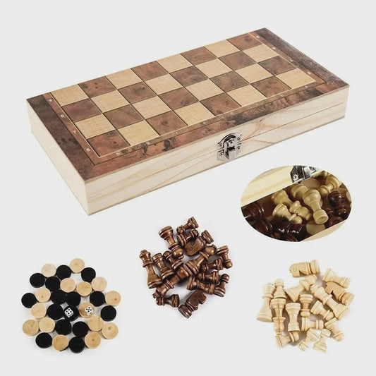 3-in-1 Houten Schaken, Dammen en Backgammon Spel - Draagbaar en Opvouwbaar