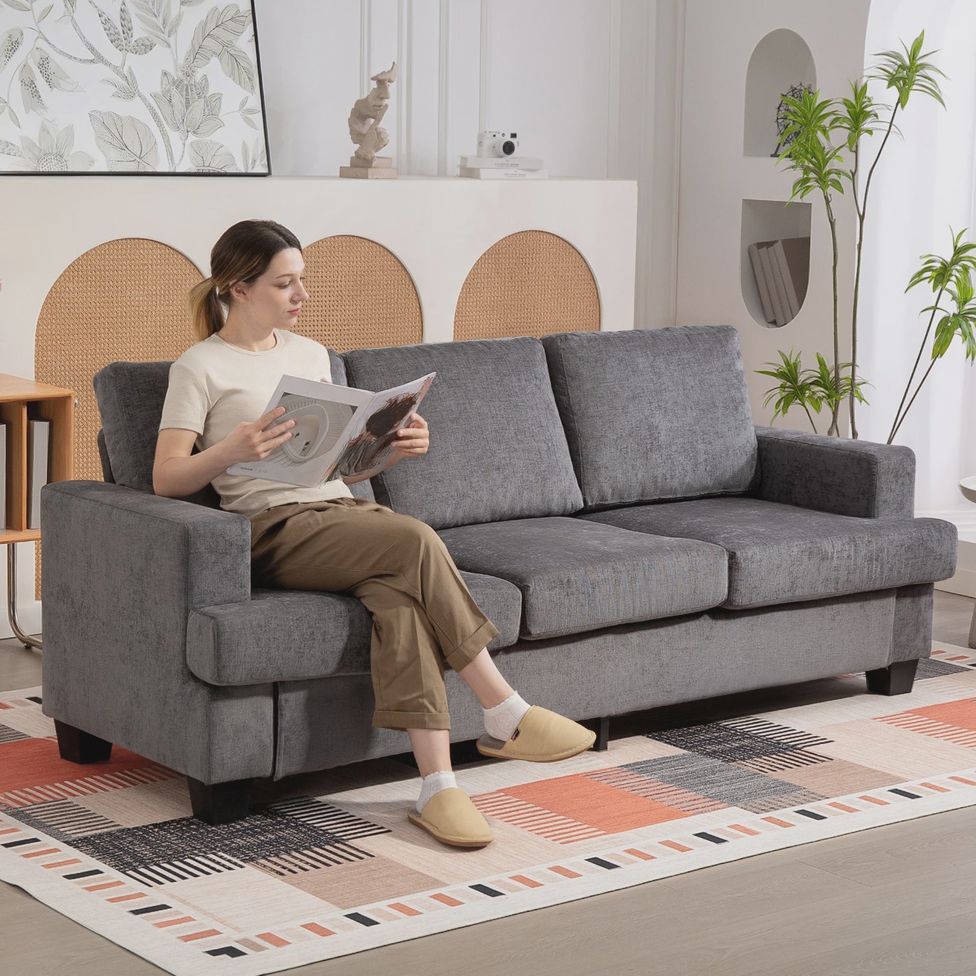Moderne Grijze 3-zitsbank in Chenille - 213 cm Breed