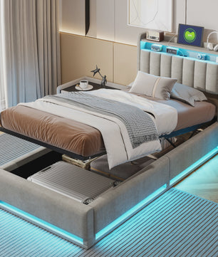 Stijlvol 1-Persoons Bed 90x200cm met LED, USB & Opbergruimte - Velvet/Linnen