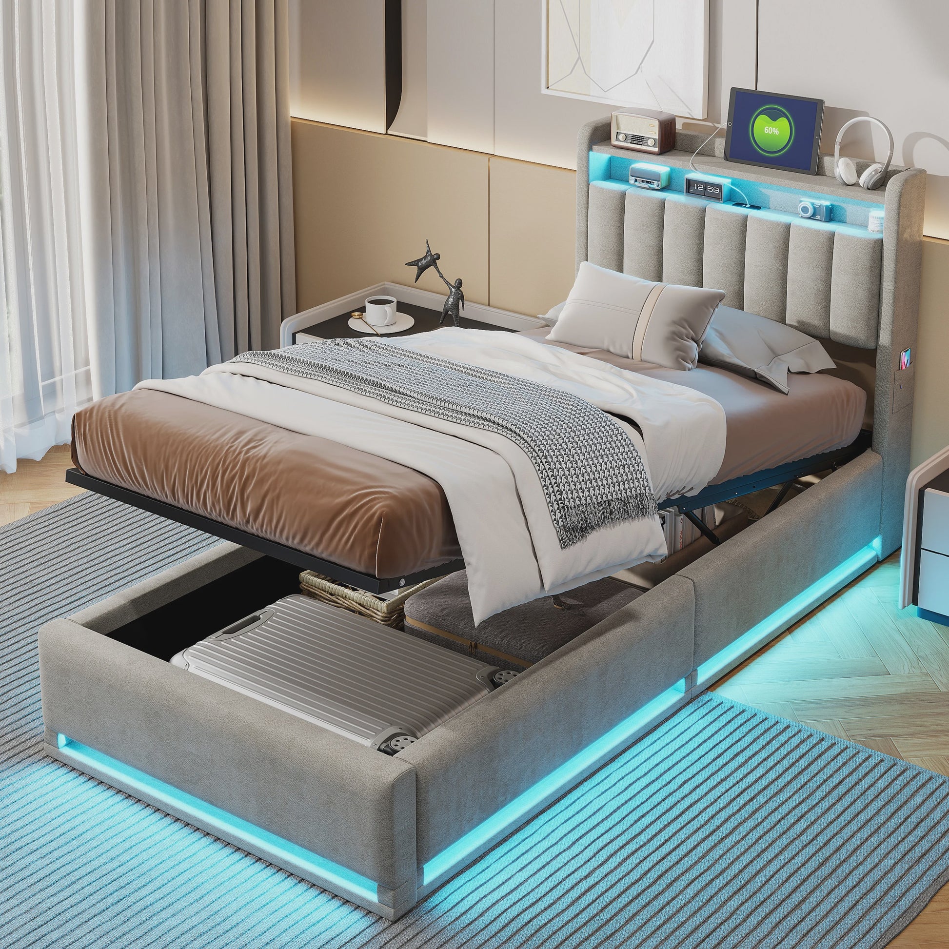 Stijlvol 1-Persoons Bed 90x200cm met LED, USB & Opbergruimte - Velvet/Linnen