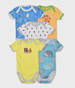 5-Pack Baby Jumpsuits met Korte Mouwen - Zachte Katoen, Leuke Prints (3-24M)