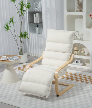 Luxe Lounge Stoel met Verstelbare Voetensteun - Crème Velours & Houten Frame