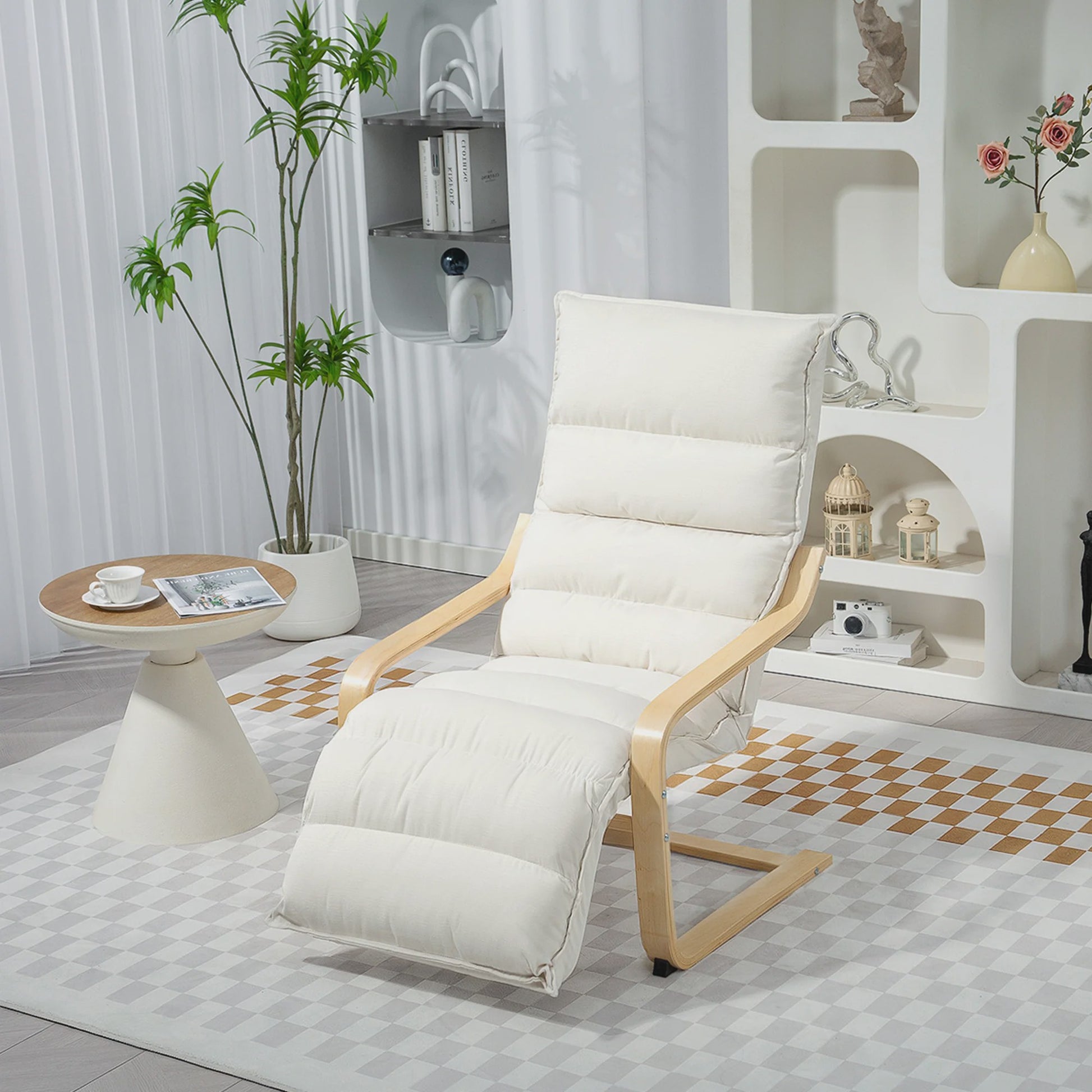 Luxe Lounge Stoel met Verstelbare Voetensteun - Crème Velours & Houten Frame