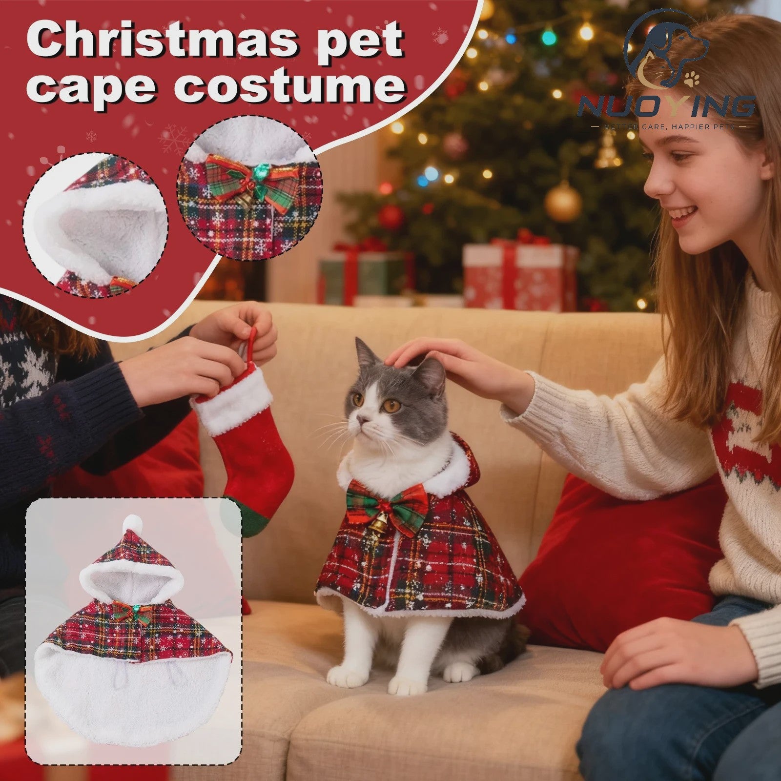 Feestelijke Kerst Cape voor Hond en Kat met Strik en Belletje