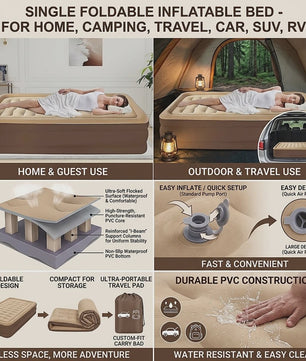 Universeel Opblaasbaar Luchtbed - Single, Opvouwbaar & Draagbaar voor Thuis, Camping, Auto & Tent
