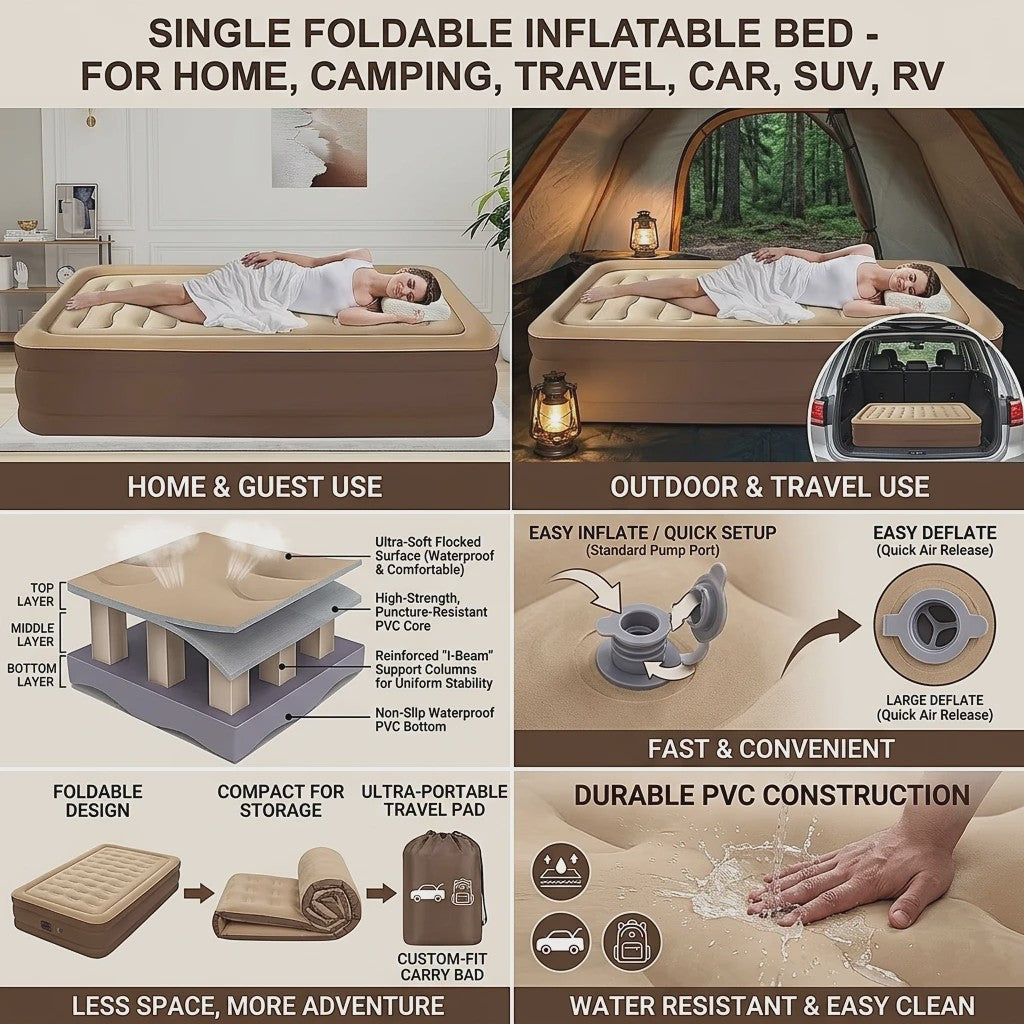 Universeel Opblaasbaar Luchtbed - Single, Opvouwbaar & Draagbaar voor Thuis, Camping, Auto & Tent