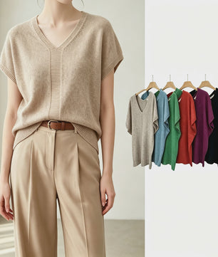 Oversized V-hals Trui Dames - Korte Mouw Gebreid Top