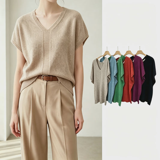 Oversized V-hals Trui Dames - Korte Mouw Gebreid Top