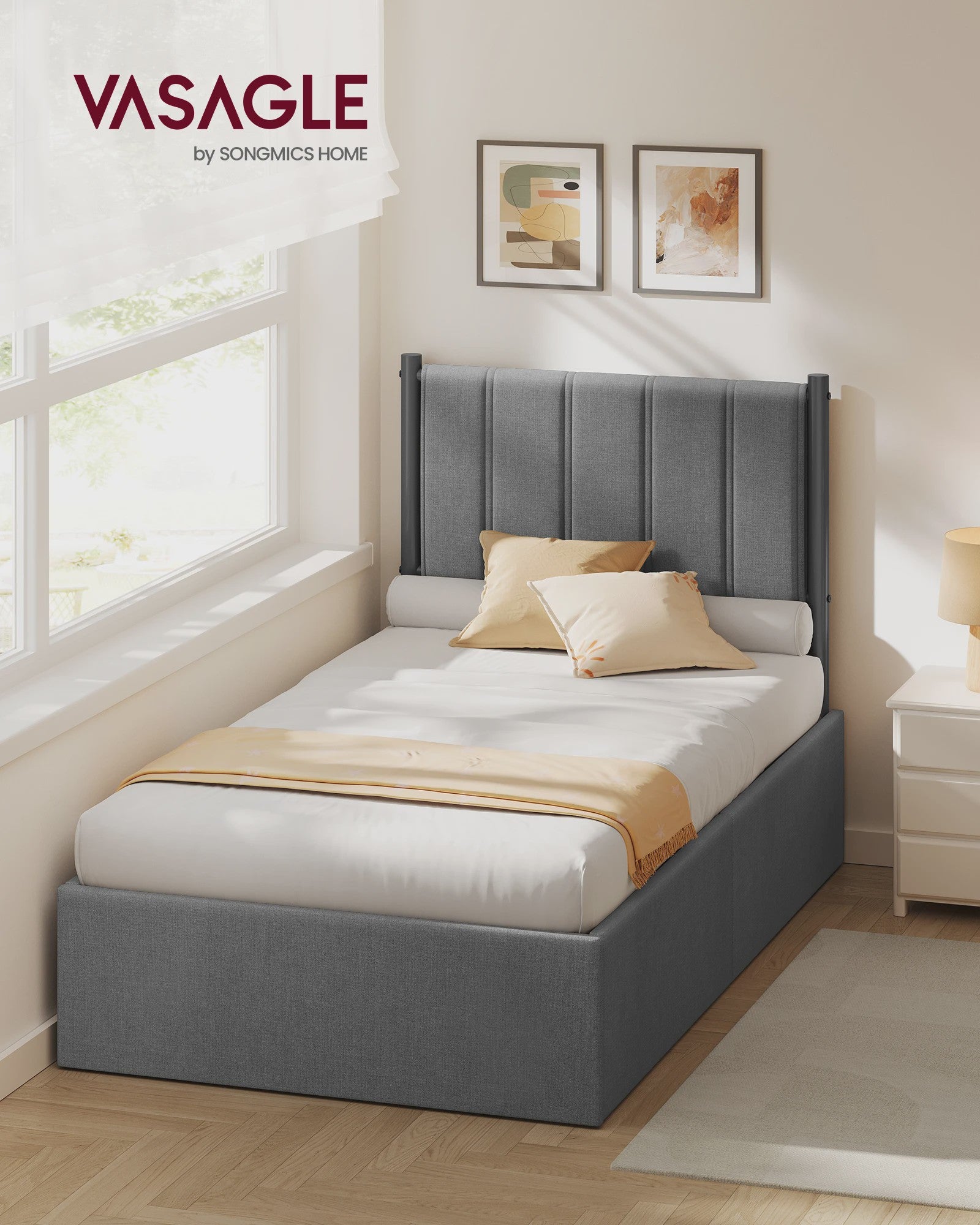 VASAGLE Bedframe met Opbergruimte en Hoofdbord - 90x200 cm - Grijs
