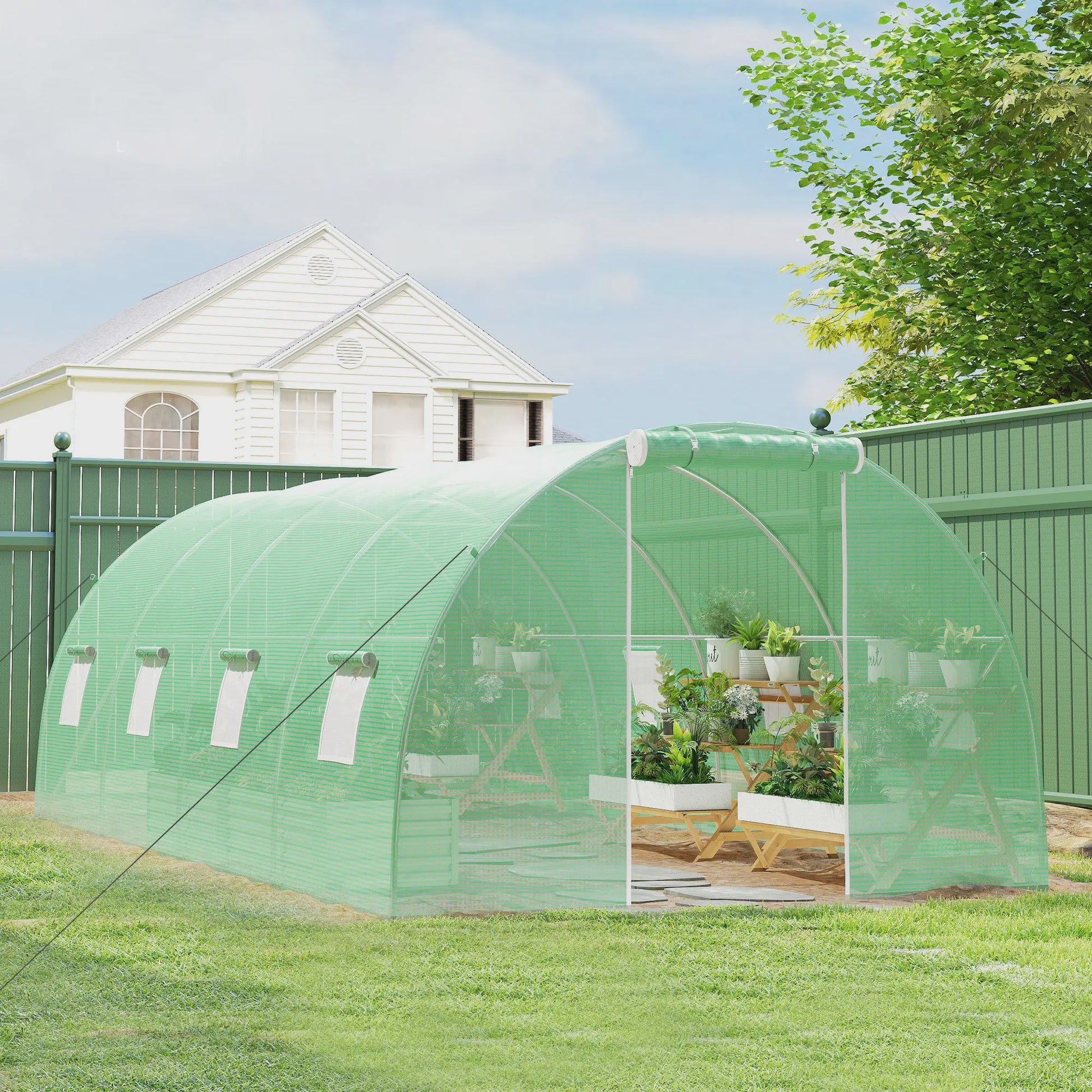 Outsunny Tunnelkas 18m² - 6x3x2m - Groene PE Tunnelkas met Ritsdeur en Ramen