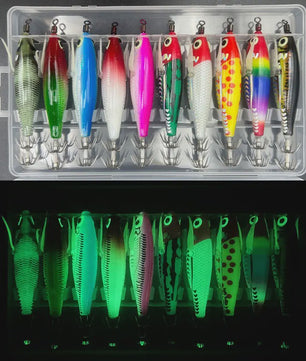 Set van 10 Glow-in-the-dark Kunstaas Vissen op Zeebaars, Inktvis en Octopus