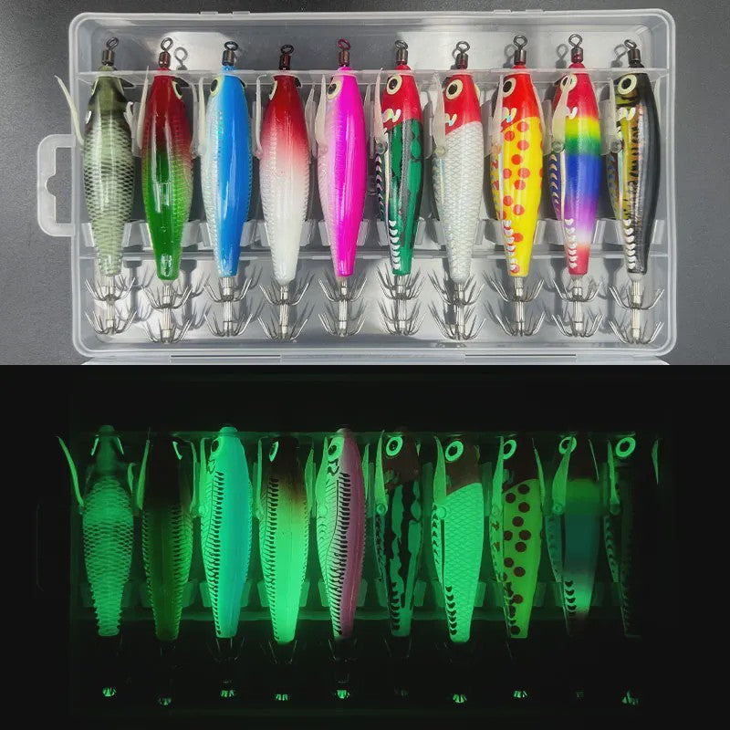 Set van 10 Glow-in-the-dark Kunstaas Vissen op Zeebaars, Inktvis en Octopus