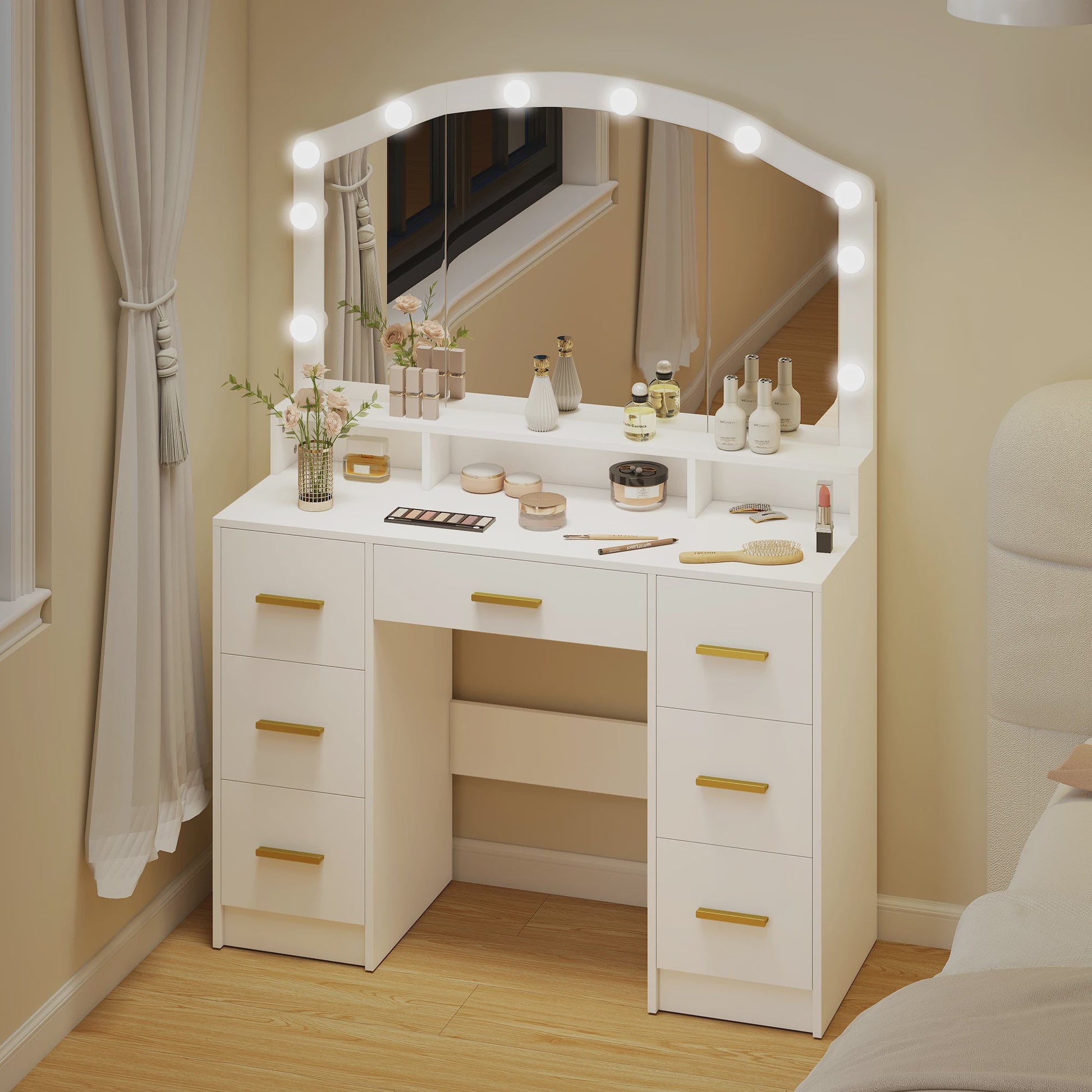 Kaptafel met 10 LED Lampjes (3 Kleuren) en 7 Lades - Wit