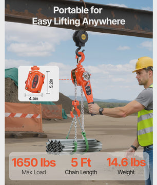 Handmatige Kettingtakel 0.75T - 5/10/20FT Hefhoogte met Dubbele Pal & 360° Draaibare Haken