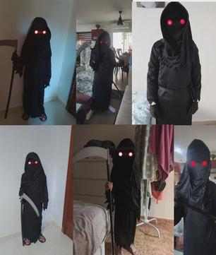 Kinder Halloween Kostuum Grim Reaper met Rode Oogjes en Zeis - Eng Duivel Spook Verkleedset