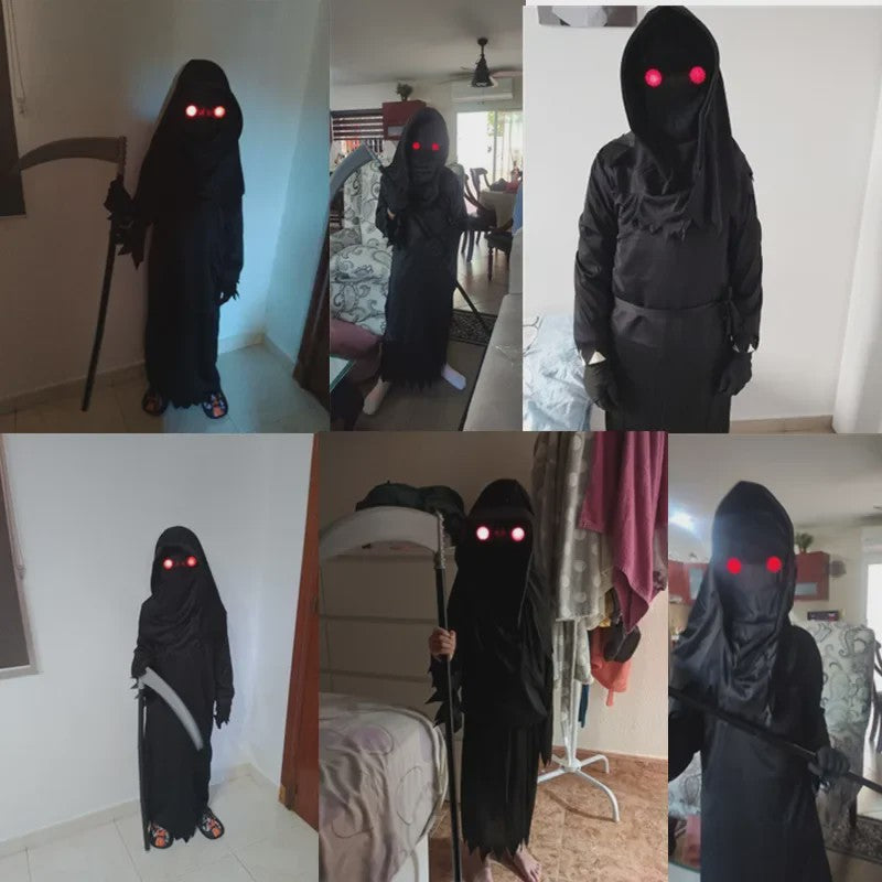 Kinder Halloween Kostuum Grim Reaper met Rode Oogjes en Zeis - Eng Duivel Spook Verkleedset