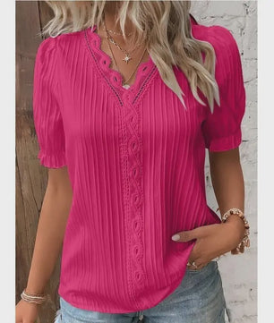 Zomerse Dames Blouse met V-hals en Kantdetails - Korte Mouwen