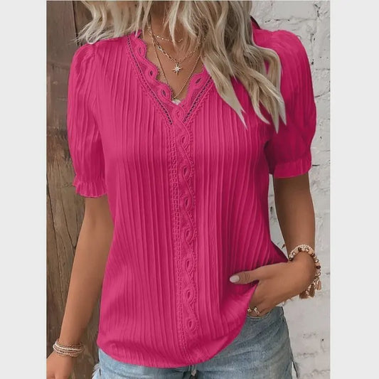 Zomerse Dames Blouse met V-hals en Kantdetails - Korte Mouwen