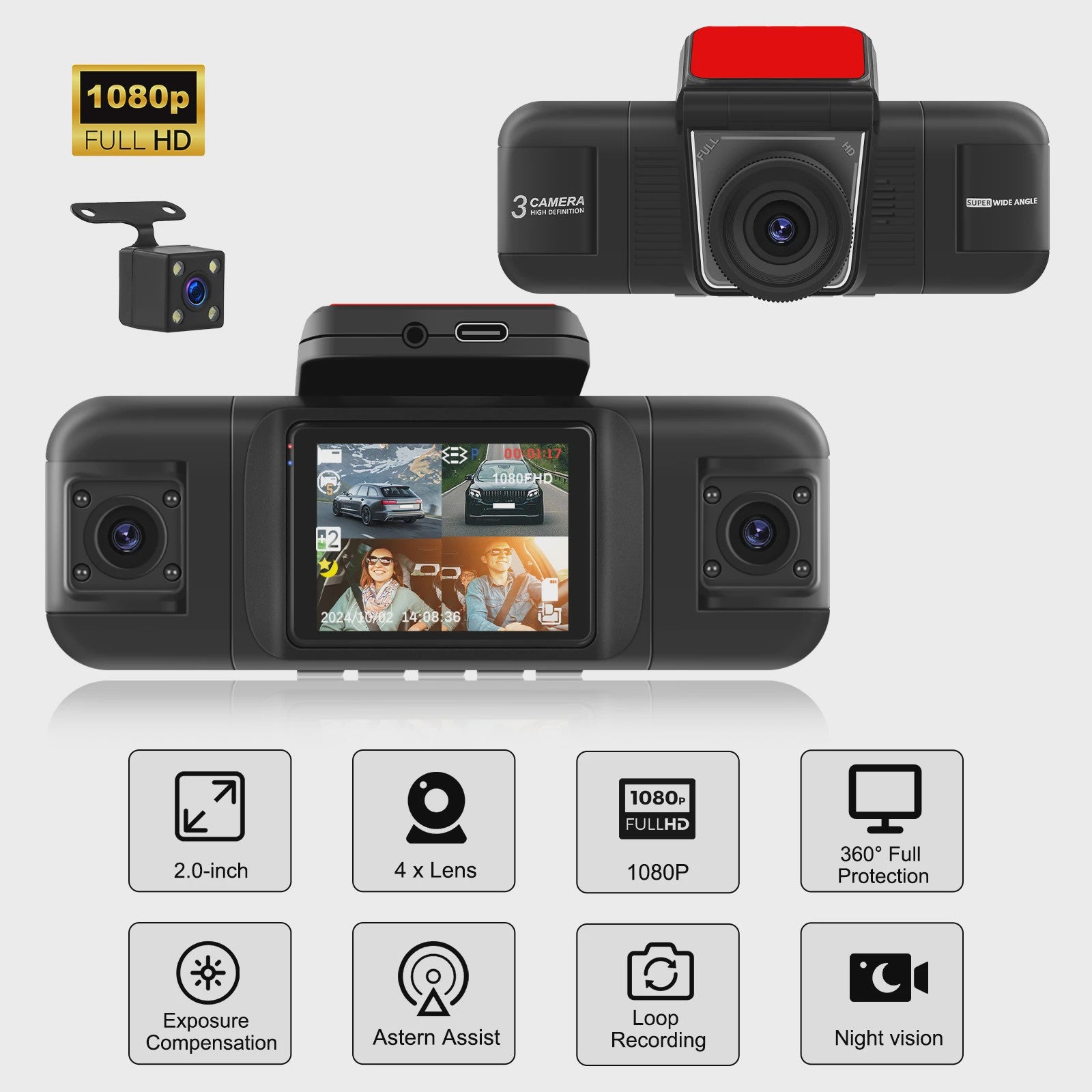 Universele 4-Kanaals Dashcam met 1080P HD, Nachtzicht en Parkeerhulp