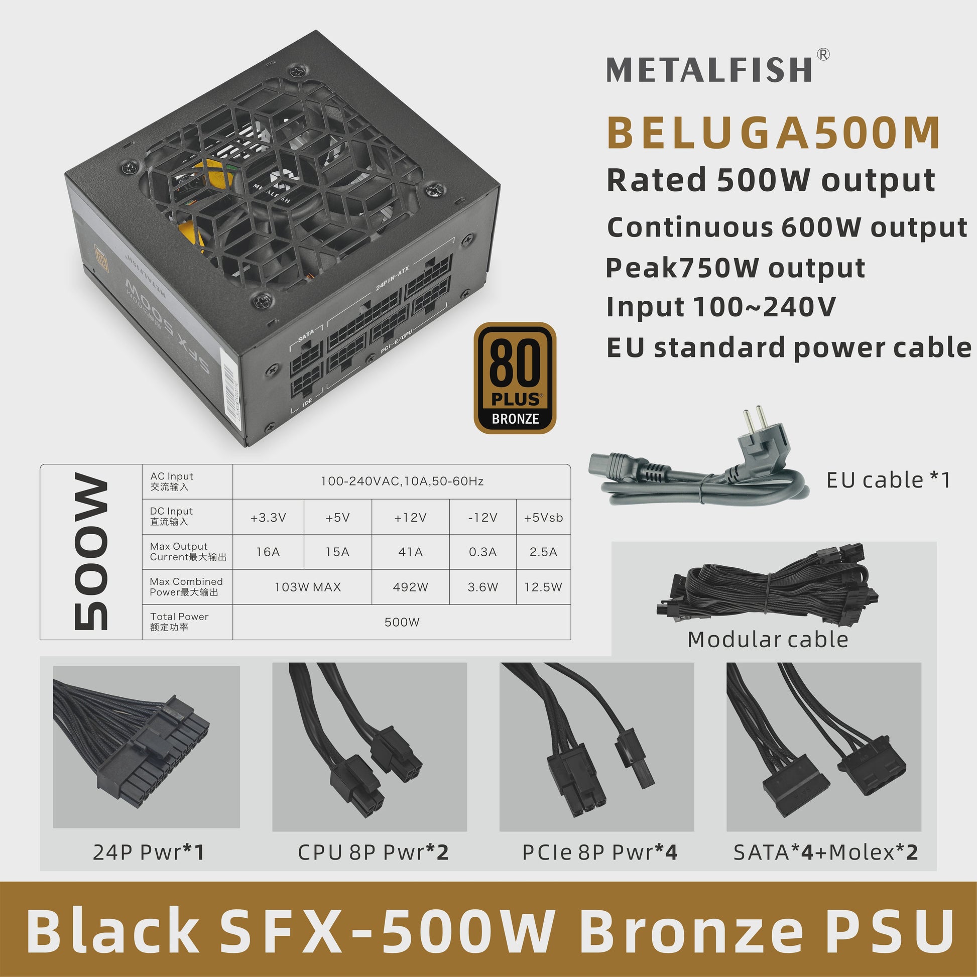 METALFISH SFX 500W/600W 80+ Bronze Volledig Modulaire Voeding voor Mini ITX PC