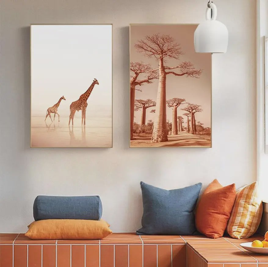 Canvas Poster Set: Leeuw, Giraffe, Olifant, Ballonvaart & Natuurlandschap