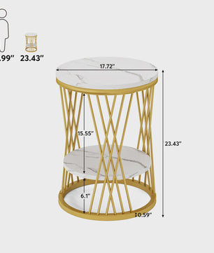 Moderne Ronde Bijzettafel met 2 Niveaus - Wit Marmerlook & Goud