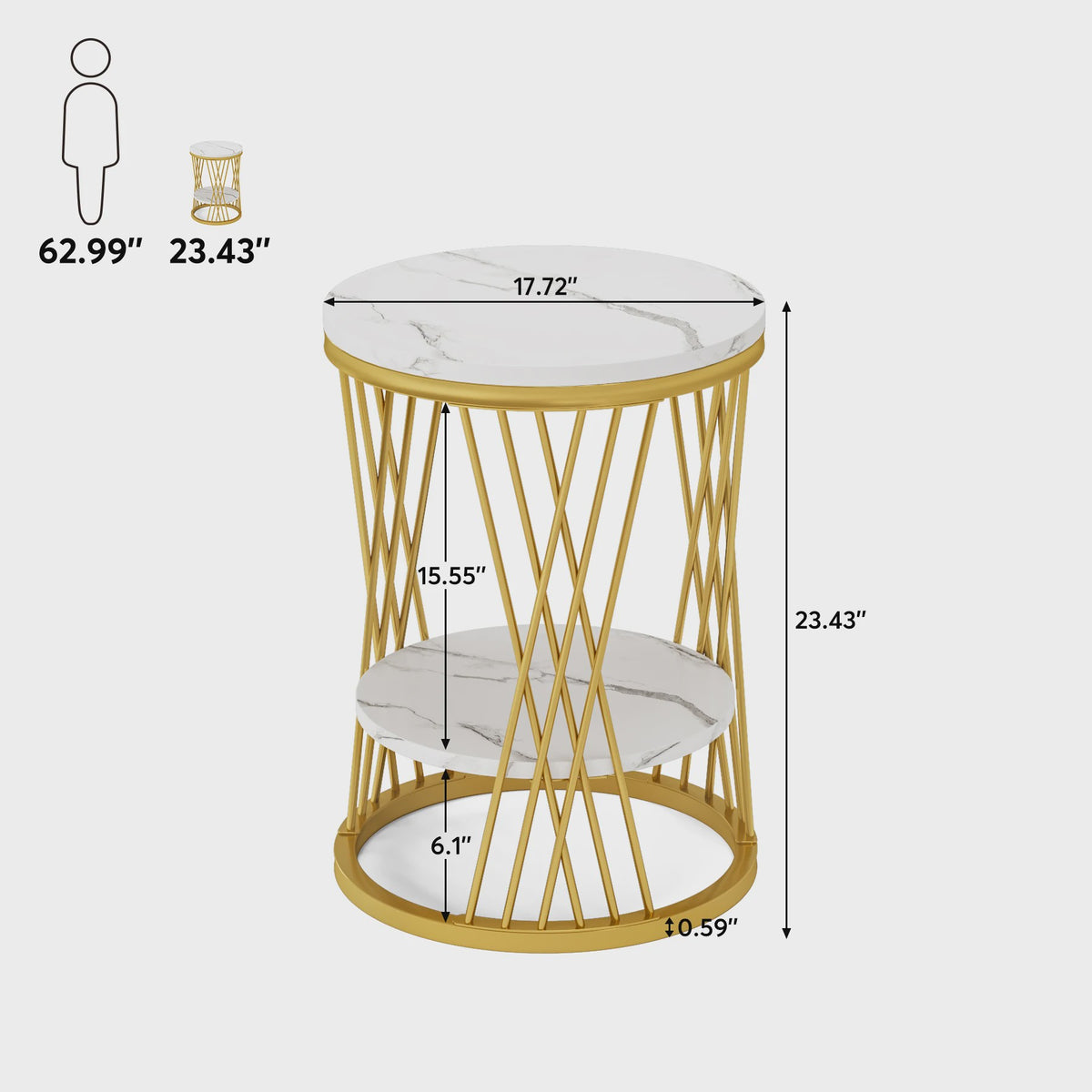 Moderne Ronde Bijzettafel met 2 Niveaus - Wit Marmerlook & Goud