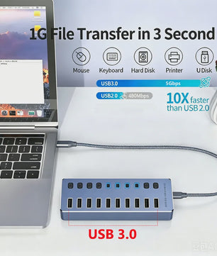 10-Poorts USB 3.0 Hub met 5Gbps Snelheid, Individuele Schakelaars en Krachtige Adapter