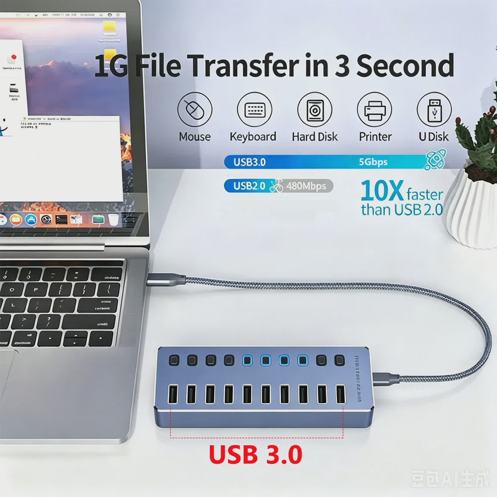 10-Poorts USB 3.0 Hub met 5Gbps Snelheid, Individuele Schakelaars en Krachtige Adapter