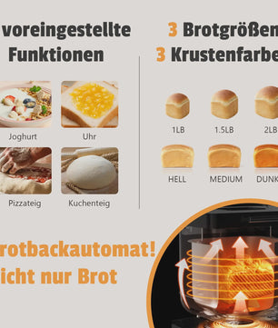 Karinear Broodbakmachine: 20 Programma's, 3 Maten, 15-Uurs Timer & Handschoenen