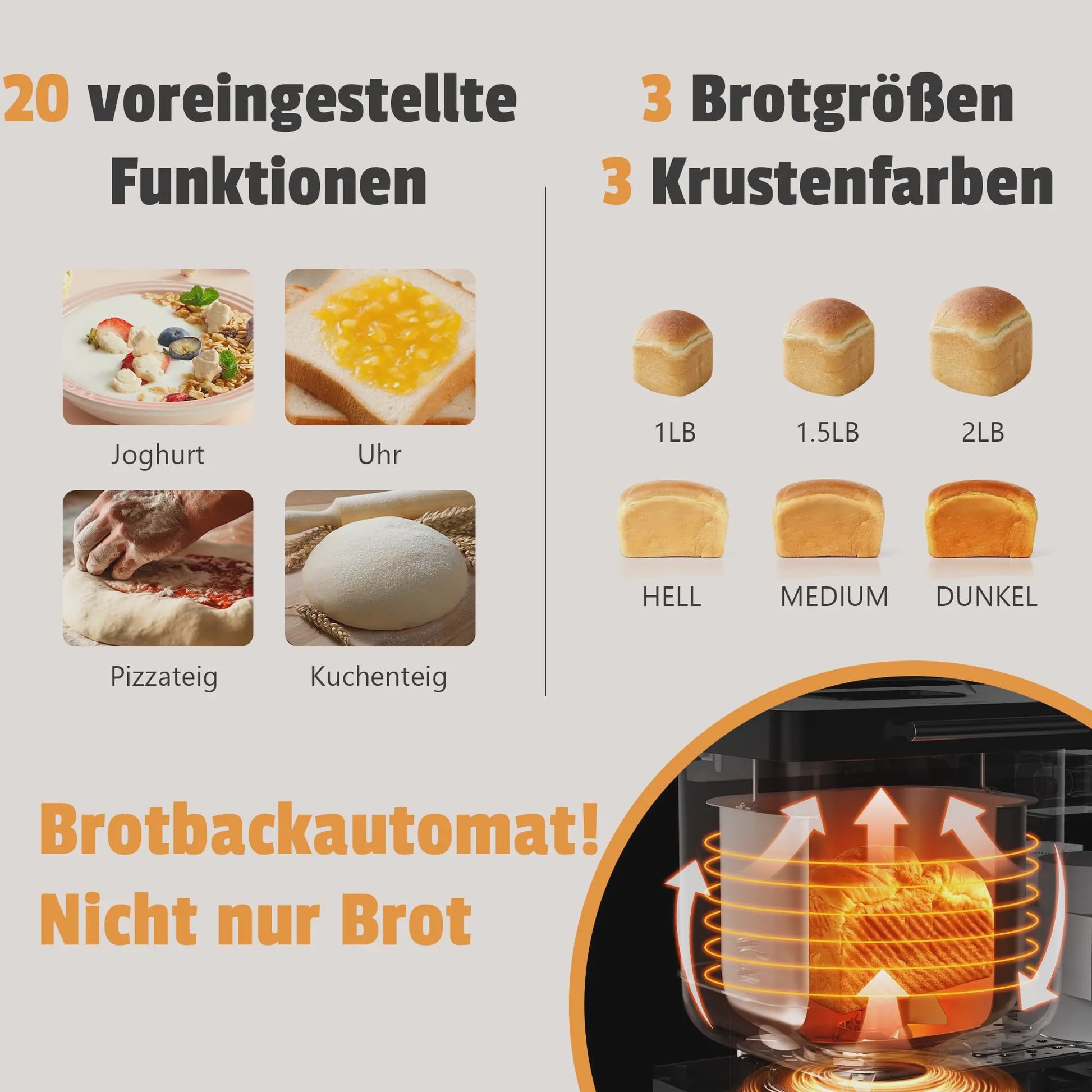 Karinear Broodbakmachine: 20 Programma's, 3 Maten, 15-Uurs Timer & Handschoenen
