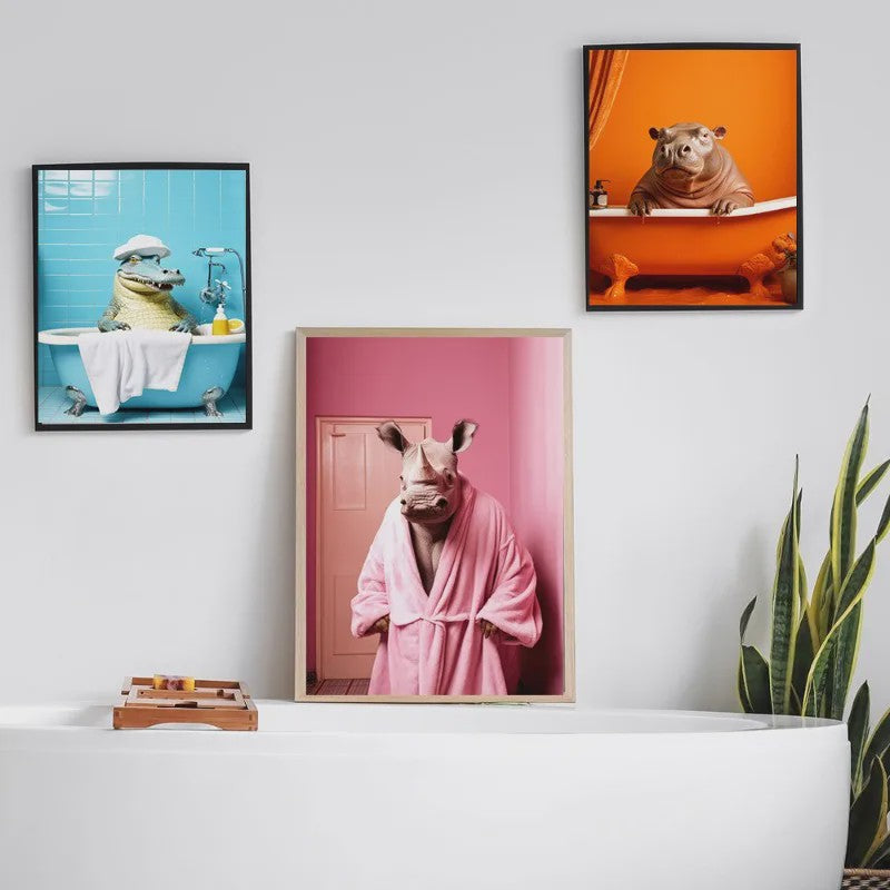 Grappige Dieren Poster Set - Kangoeroe, Nijlpaard, Olifant in Bad - Canvas Muurdecoratie