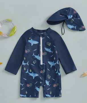 Zwemset Jongens 0-5 Jaar: Rash Guard met Haaienprint en Zonnehoed
