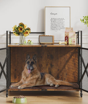 Luxe Houten Hondenkooi Meubel met Dubbele Deuren en Wielen - Afsluitbare Binnen Bench & Tafel voor Kleine/Medium Honden