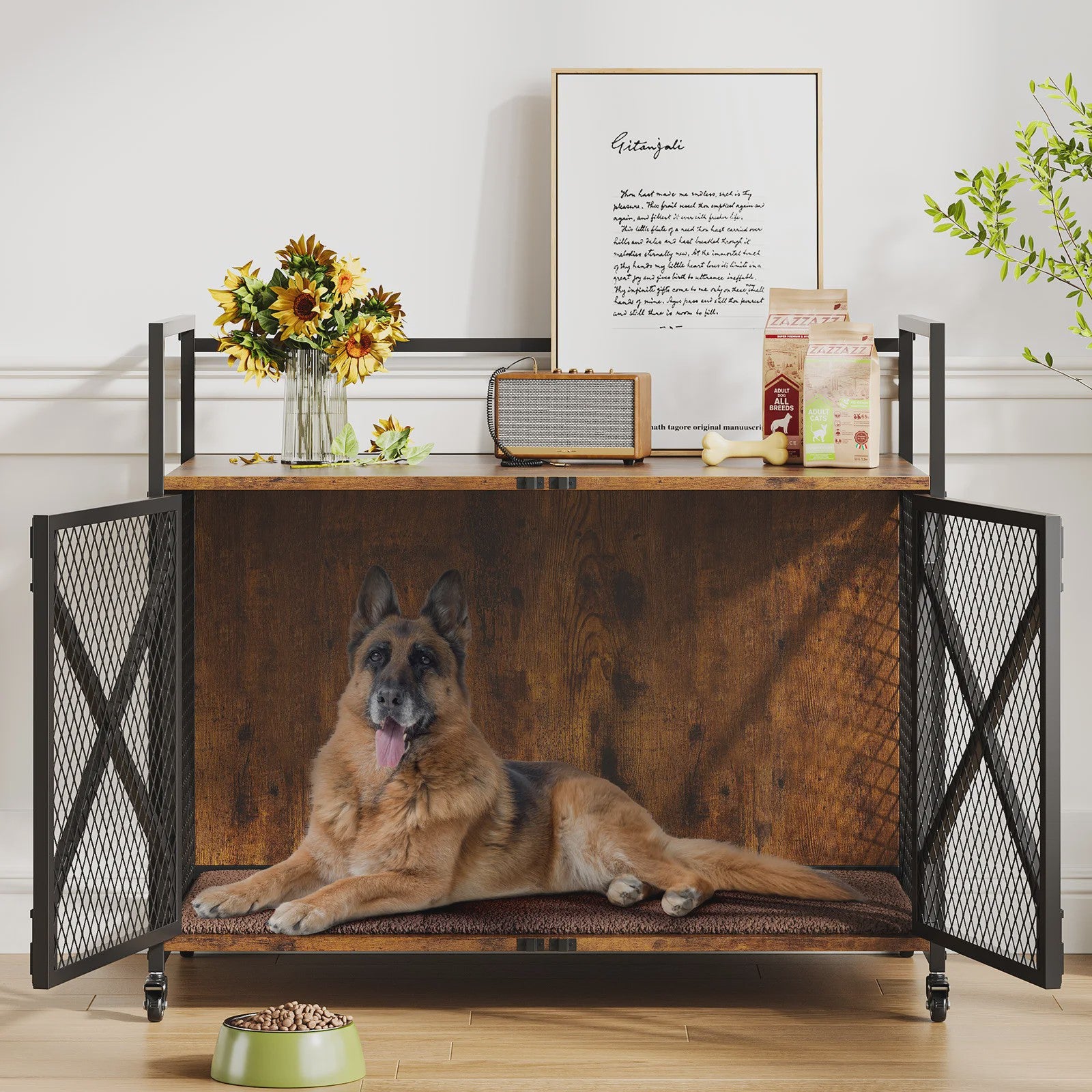 Luxe Houten Hondenkooi Meubel met Dubbele Deuren en Wielen - Afsluitbare Binnen Bench & Tafel voor Kleine/Medium Honden