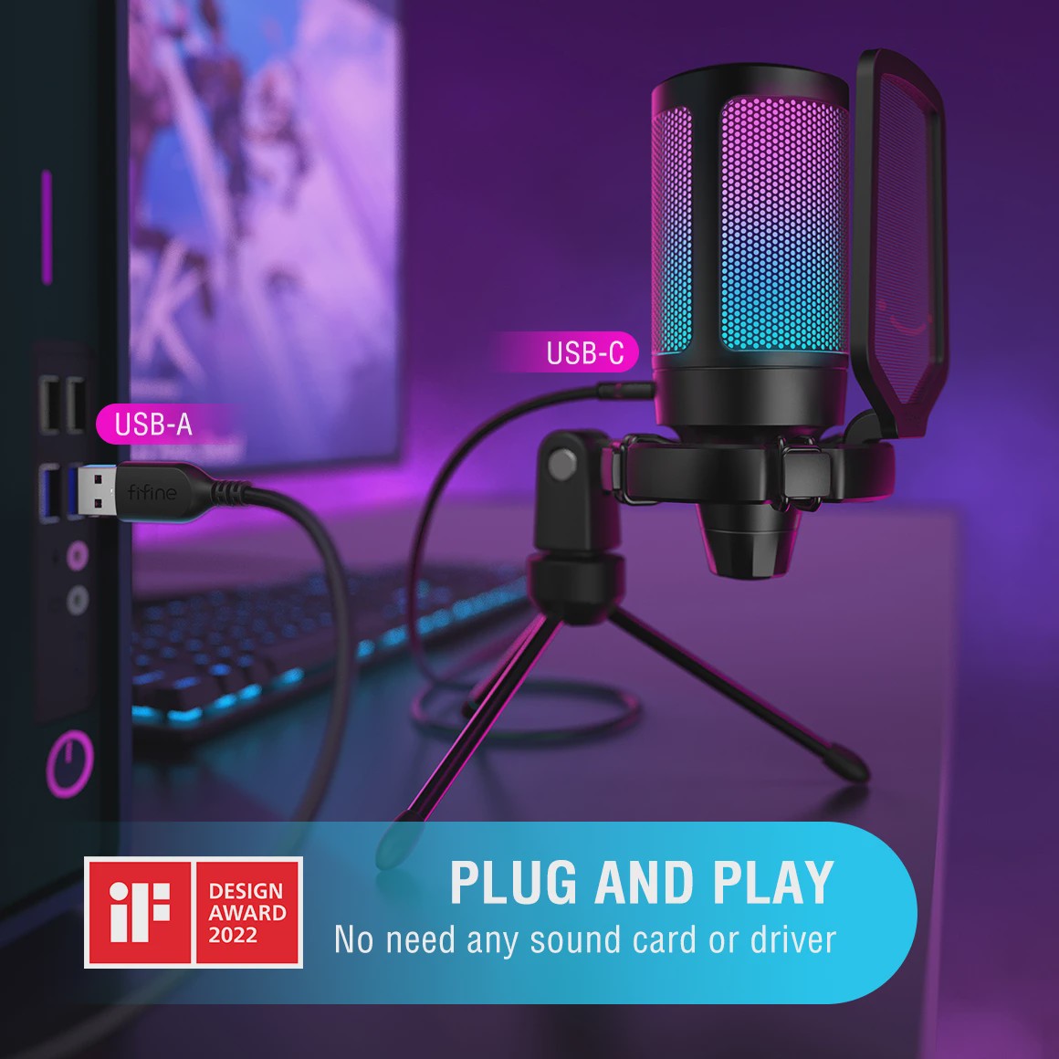 FIFINE Ampligame USB Microfoon voor Gaming & Streaming met Popfilter, Shock Mount & Gain Control