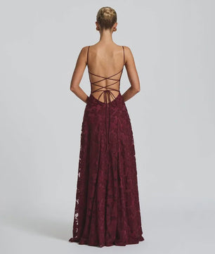 Elegante Jacquard Maxi Jurk met Blote Rug en Vierkante Hals - Feestelijk & Chic