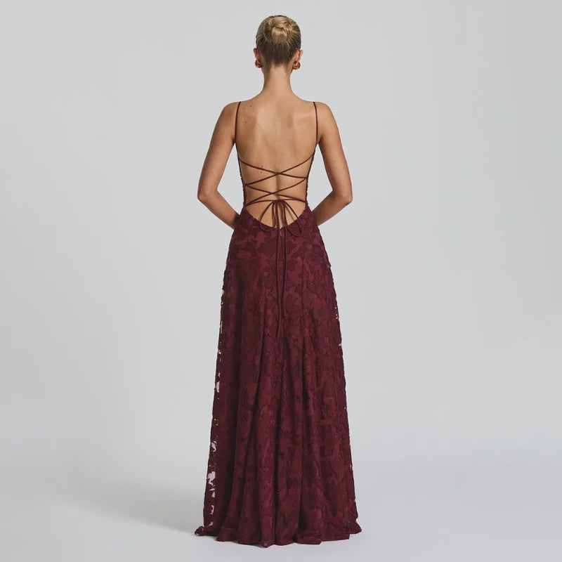 Elegante Jacquard Maxi Jurk met Blote Rug en Vierkante Hals - Feestelijk & Chic