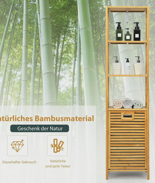 Bamboe Badkamerrek met Wasmand - 2-in-1 Hoge Kast met 3 Planken