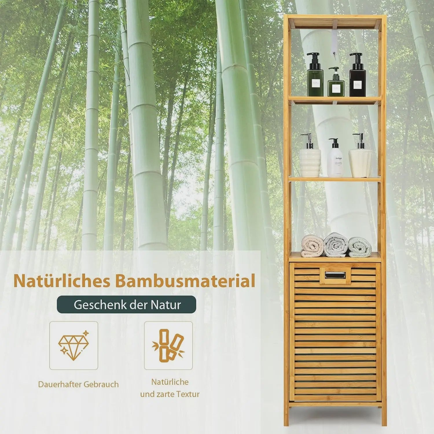 Bamboe Badkamerrek met Wasmand - 2-in-1 Hoge Kast met 3 Planken