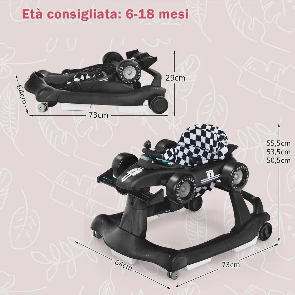 4-in-1 Baby Walker Raceauto - Verstelbaar, Opvouwbaar & Veilig