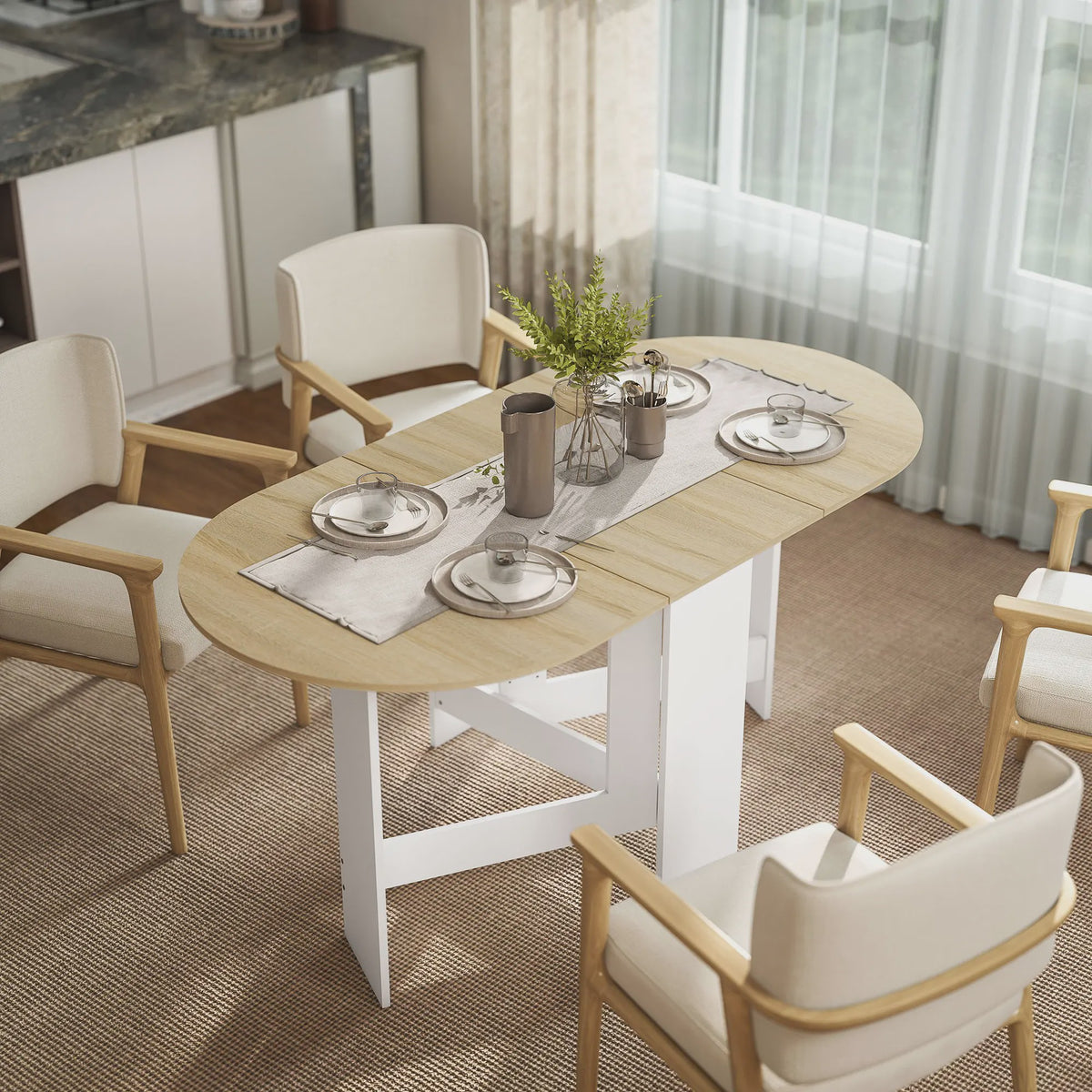 Homcom Ovalen Eettafel met Klapvleugels - 163x80x75 cm - Naturel Houtkleur