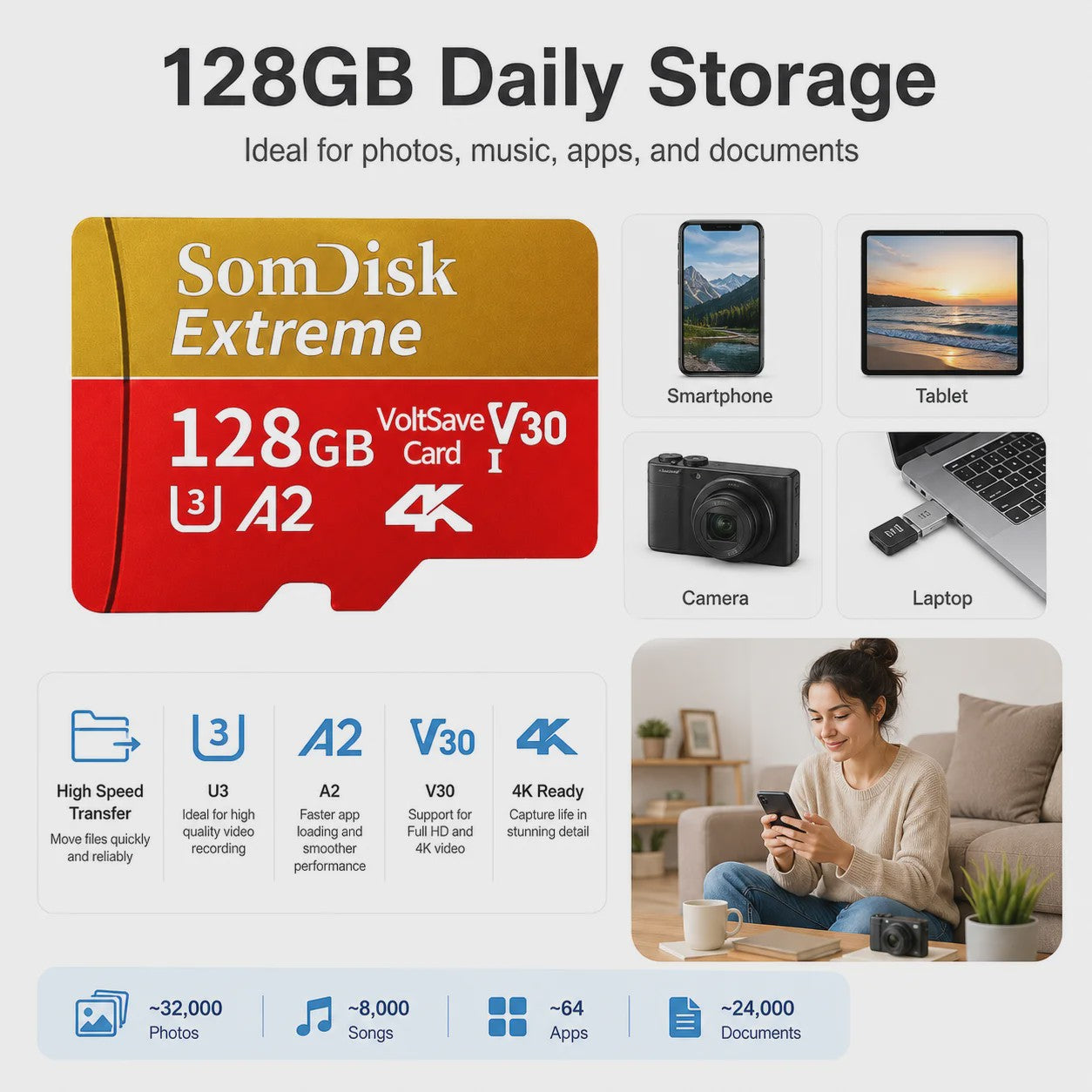 Snelle Micro SDXC Kaart 128GB/256GB/512GB/1TB/2TB - Class 10, U3, A2, 4K Video Ready